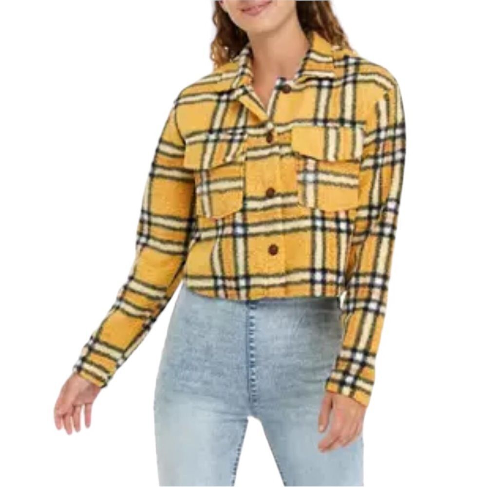 True Craft Juniors' Sherpa Shacket Cropped Yellow Yellow Plaid Size Small NWT